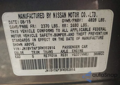 2015 Infiniti Q50 Premium from USA, damaged, VIN JN1BV7AP3FM352914